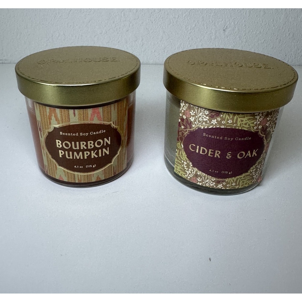 Lot of 2 OpalHouse Soy Candles Bourbon Pumpkin and Cider & Oak 4.1 Ounce New